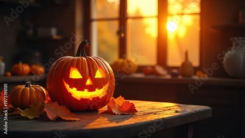 Autumnal Glow A Carved Pumpkin Illuminates a Rustic Table at Sunset