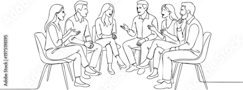 A continuous line art illustration showing a diverse group of seven individuals seated in a circle, engaged in a conversation or group therapy session, fostering connection and dialogue.