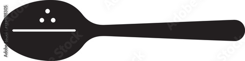 A distinct black silhouette of a slotted spoon, featuring a long handle and a wide bowl with three distinct drainage holes, presented horizontally on a clean white background.