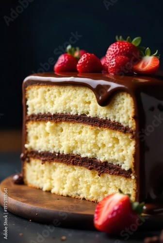 Delicious Three-Layer Vanilla Cake with Rich Chocolate Ganache and Fresh Strawberry Topping