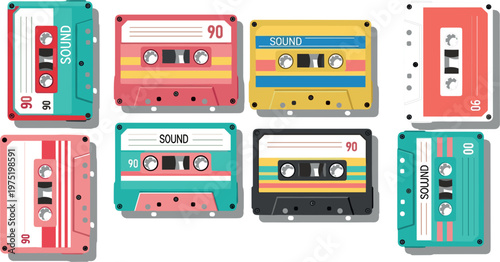 Retro Cassette Tape Vector Set with Colorful 90s Sound Design Elements