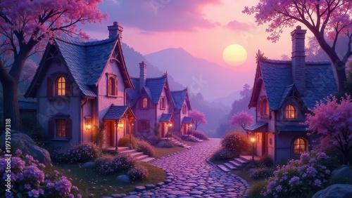 Enchanted Village at Sunset Picturesque Row of Cozy Cottages with Blooming Flowers and a Serene Mountain View