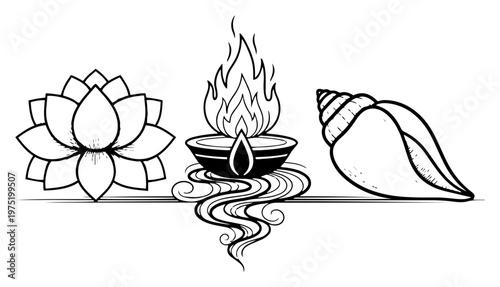 Lotus flower oil lamp diya and conch shell for religious rituals in line art style