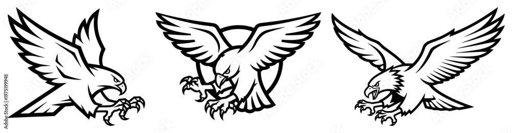 Obraz premium Eagle mascot set flying and attacking in black and white logo style