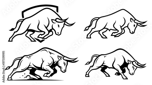 Charging bull mascot with muscular body in powerful attacking pose monochrome vector style