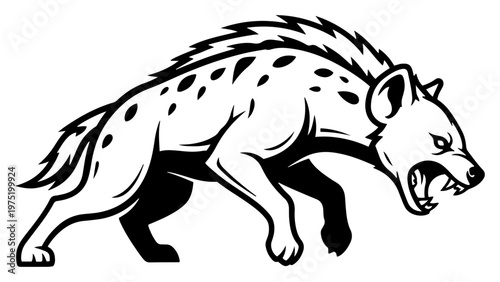Fotografi Hyena growling with open jaws in black and white mascot style