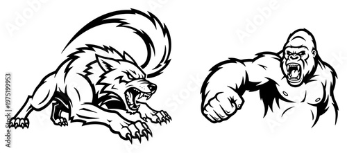 Wolf and gorilla mascot characters in aggressive bold vector style