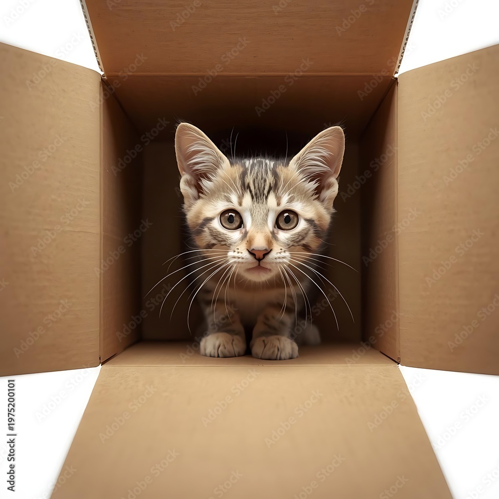 Fototapeta premium Curious kitten peeking from cardboard box minimal setup