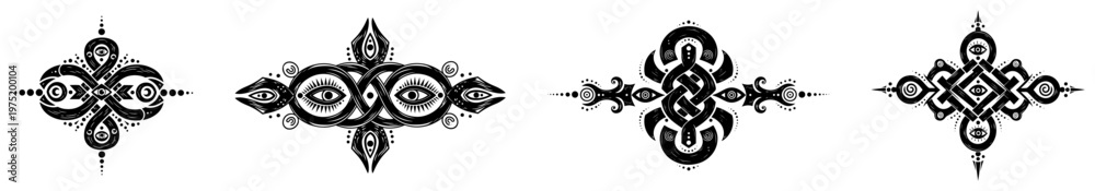 Fototapeta premium Symmetrical tribal ornaments with celtic knots and mystical eye symbols in ethnic style