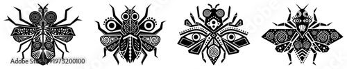 Tribal insect icons with geometric patterns and ethnic motifs in black and white style