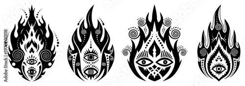 Tribal flame symbols with mystical eyes and ritual mask faces in ethnic style