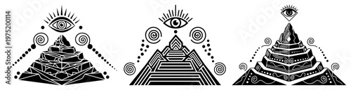 Mystical pyramids with all seeing eye and geometric ornaments in esoteric line art style