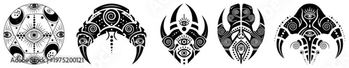 Esoteric tribal amulets with eyes and crescent moon shapes in mystical graphic style