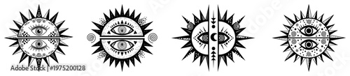 Sun symbols with central eyes and celestial motifs in mystical graphic style