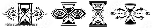 Hourglass symbols with mystical eyes and occult geometric patterns in black and white line art style