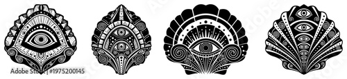Ornate mystical shells and eye symbols with intricate esoteric patterns in black and white line art style