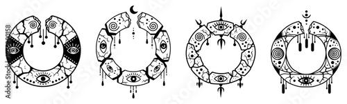 Mystical circular stone rings with all seeing eye and moon symbols in tribal style