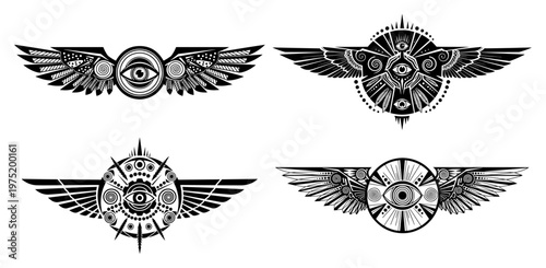 Winged eye emblems with geometric patterns and mystical symbols in ancient ethnic style