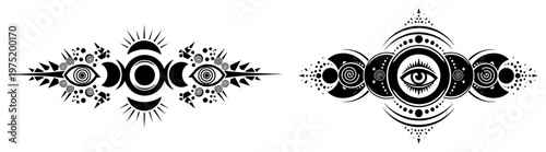 Symmetrical mystical ornaments with moon phases and all seeing eye in wiccan style