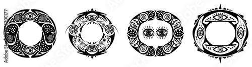 Circular mystical mandalas with eyes and celestial patterns in esoteric graphic style