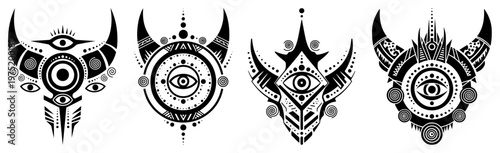 Horned tribal symbols with central eyes and geometric patterns in mystical graphic style