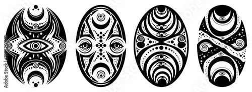 Mystical eye symbols and tribal patterns on oval shapes in black and white line art style