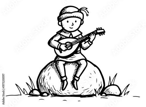 Medieval bard sitting on a rock playing lute in black and white sketchy line art style