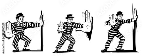 Mime performer in various pantomime poses pushing invisible walls in comic book style