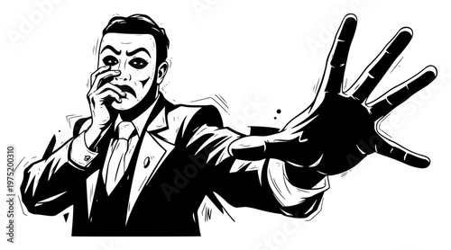 Man wearing theatrical mask reaching out with large hand in bold graphic novel style