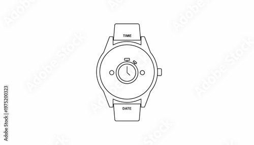 Minimalist Line Art Icon of a Watch with Stopwatch and Date Display