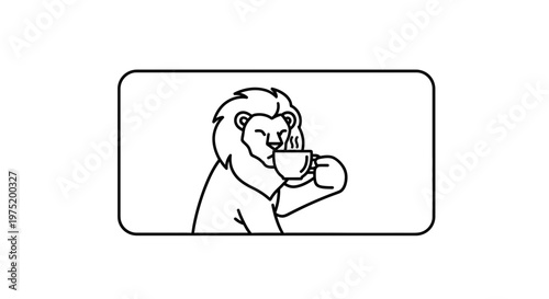 Minimalist Line Art Lion Drinking Coffee, Enjoying Morning Brew
