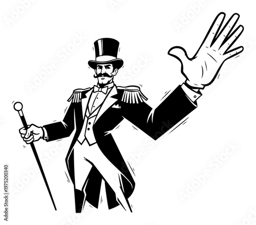 Ringmaster wearing top hat and tailcoat holding cane in classic circus style