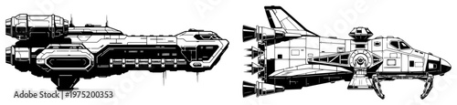 Spaceships and futuristic galactic cruisers in detailed sci-fi line art style