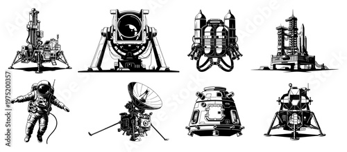 Space exploration equipment set with astronaut and lunar lander in detailed graphic style