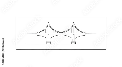 Minimalist line art of a suspension bridge with cables and towers, architectural drawing