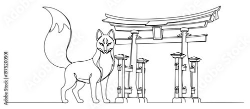 Fox standing next to Japanese torii gate in continuous one line art style