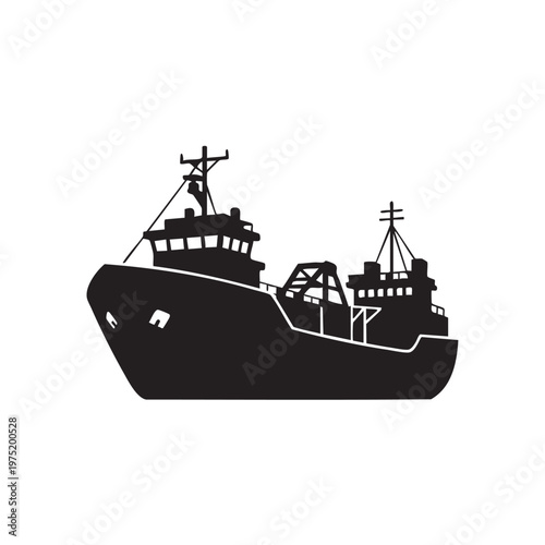 Fishing trawler silhouette industrial maritime vessel for sea transport and fishing isolated on whit