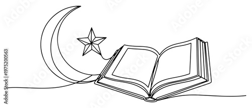 Open book with crescent moon and star symbols in continuous line art style