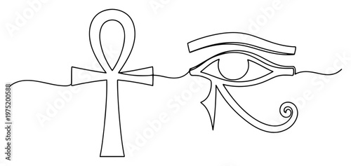 Ankh cross and eye of horus ancient egyptian symbols in continuous line art style