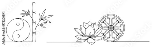 Yin yang with bamboo and lotus flower with dharma wheel in continuous line art style