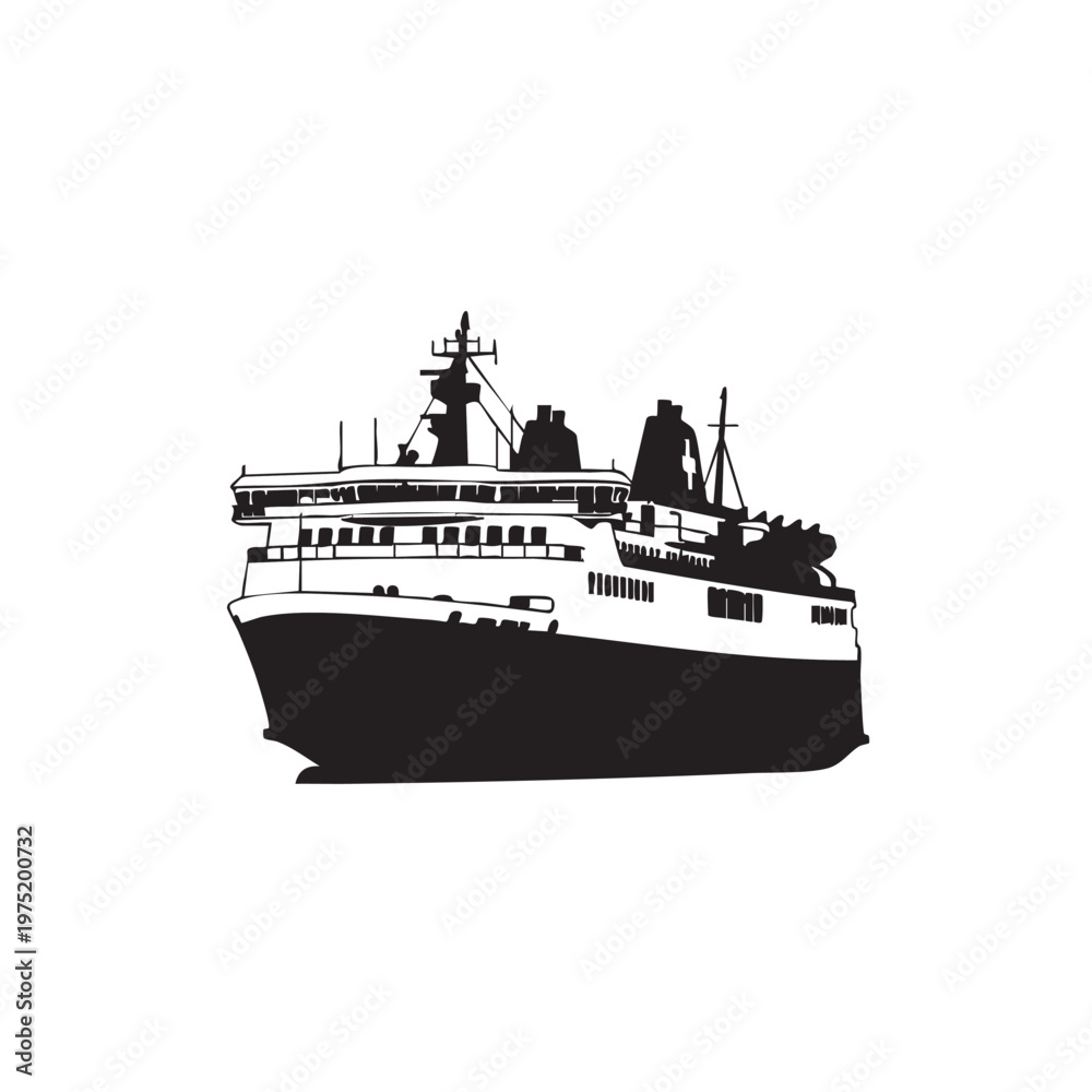 Fototapeta premium Black and white ferry boat silhouette simple vector illustration for maritime transport and travel c