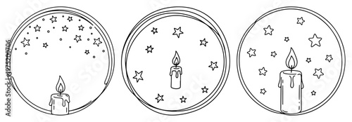 Burning candle with stars inside circular frame in line art style