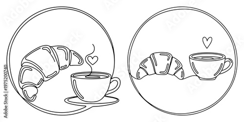 Coffee cup with steaming heart and croissant in minimalist line art style