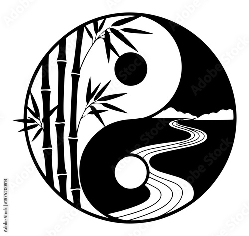 Yin yang symbol integrated with bamboo and winding river in zen style
