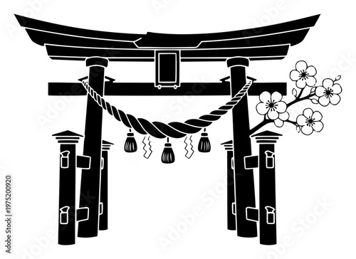 Japanese torii gate with shimenawa rope and cherry blossoms in silhouette style