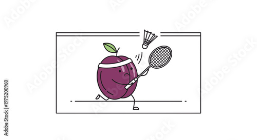 Funny plum character playing badminton, active lifestyle, healthy food concept, cartoon style