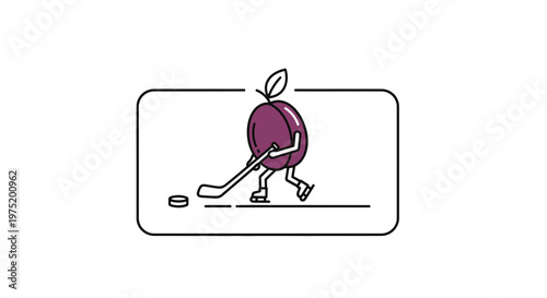 Funny Plum Character Playing Ice Hockey with Puck and Stick on Ice Rink