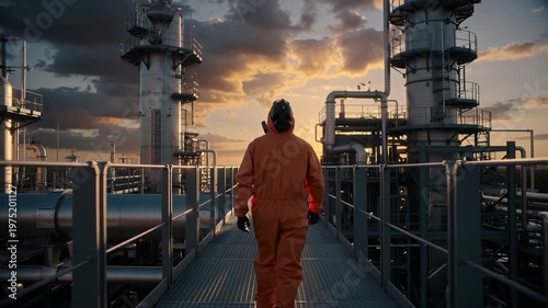 Worker in protective suit walking on industrial refinery catwalk at sunset, medium shot