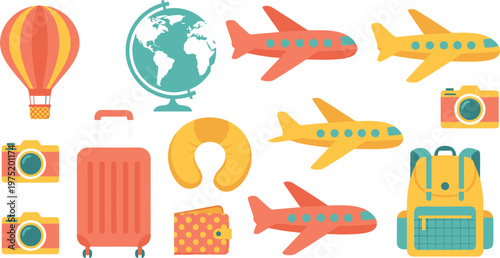 Travel Accessories and Icons Set Featuring Luggage, Airplanes, Cameras, and Travel Essentials for Vacation Planning