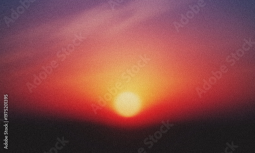 Abstract sunset sun glowing over dark horizon with warm gradient sky in red orange and purple tones, soft grain texture and blurred light effect, 